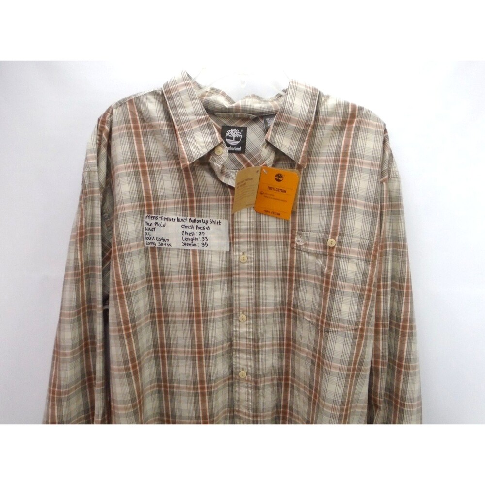 Timberland Men XL Plaid Button Up Shirt Tan Cotton Long Sleeve NWT Flannel NWT - Picture 2 of 10